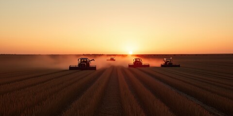 Obraz premium Golden wheat fields being harvested at sunset, combines in action, with dramatic golden hour light 