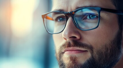 A businessman gazing thoughtfully out of a window, symbolizing reflection and forward-thinking in a corporate environment.