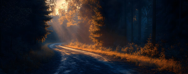Golden Hour Road Through a Misty Forest Illustration