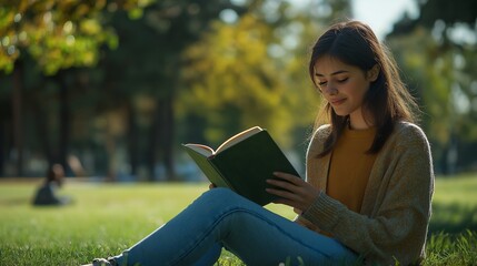 Obraz premium Young woman sitting on grass reading book in a park, enjoying a sunny day.