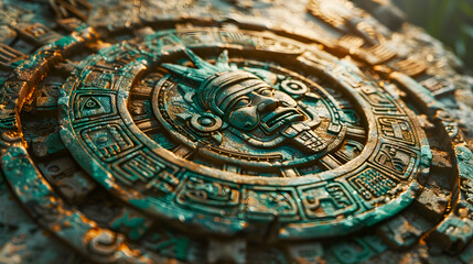 Close view of the ancient Aztec mayan calendar with round pattern and relief on stone surface