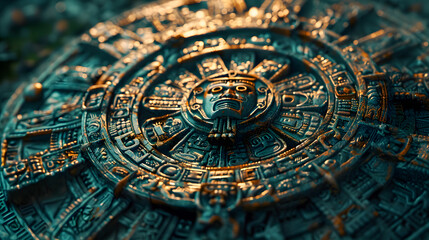 Obraz premium Close view of the ancient Aztec mayan calendar with round pattern and relief on stone surface
