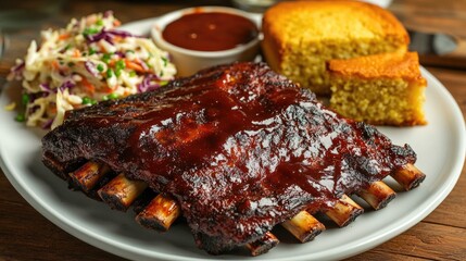 A plate of smoky BBQ ribs with a side of coleslaw and cornbread, showcasing the rich flavors of traditional American barbecue.