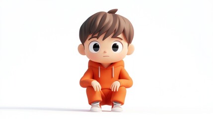 A cute 3D animated character in an orange outfit, sitting in a relaxed pose.
