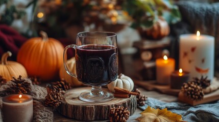 A glass of red wine is on a wooden table with a pile of pumpkins