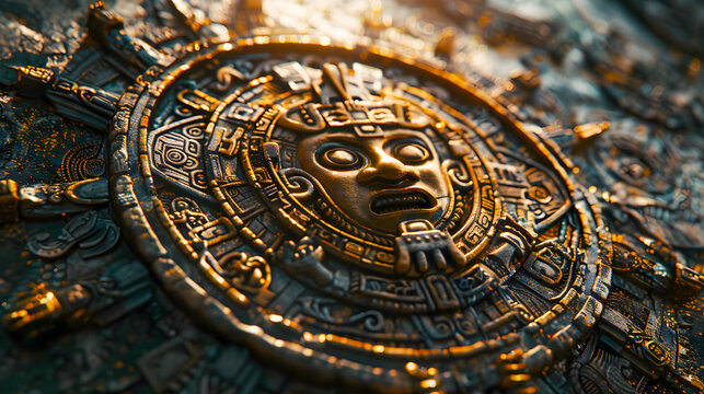 Close view of the ancient Aztec mayan calendar with round pattern and relief on stone surface