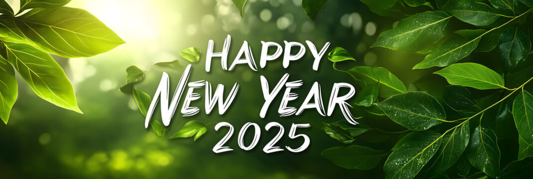 HAPPY NEW YEAR 2025 TEXT On Ecofriendly Background showing reforestation aforestation