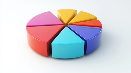 Obraz premium A rotating 3D pie chart with bright, segmented colors, representing business performance metrics on a clean white background.