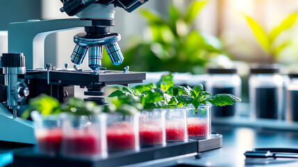 Biology lab with a microscope analyzing experimental bacterial cultures, highdefinition, vibrant colors, precise detail, advanced scientific imagery