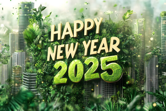 HAPPY NEW YEAR 2025 TEXT On Ecofriendly Background showing reforestation aforestation 