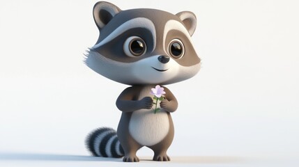 A cute animated raccoon holding a flower, exuding a playful and cheerful demeanor.