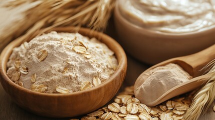 Close up of oat flour in wooden bowl with a wooden spoon and oats.