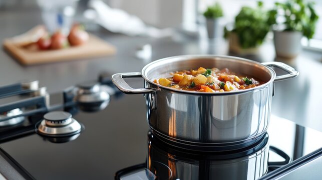 A shiny stainless steel pot with a lid, filled with a delicious, simmering stew on a modern stovetop, showcasing its sleek design.