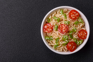 Rice noodles with mushrooms, vegetables, spices and herbs