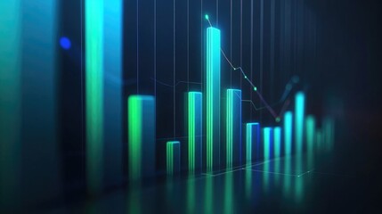A sleek 3D bar graph with ascending blue and green bars, symbolizing upward trends in technology or financial sectors.