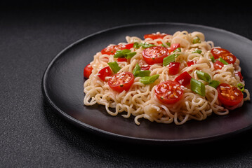 Rice noodles with mushrooms, vegetables, spices and herbs