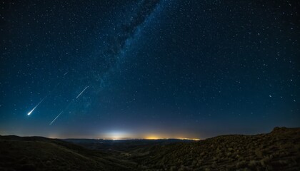 A serene night sky over a mountain landscape, featuring a meteor shower streaking across the heavens and the Milky Way arching gracefully above. The image conveys the beauty and tranquility of a