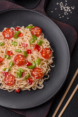 Rice noodles with mushrooms, vegetables, spices and herbs
