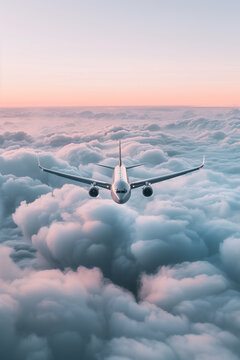 The plane flies above the clouds. Flight above the clouds. Sunrise. Traveling by airplane. Light pink and yellow sky, clouds.