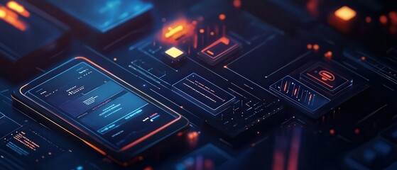 Obraz premium Modern smartphone with futuristic digital interface amidst glowing circuit boards, depicting advanced technology and innovation.