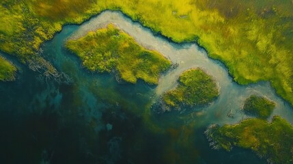 Aerial View of a Winding River Through Lush Green Grass