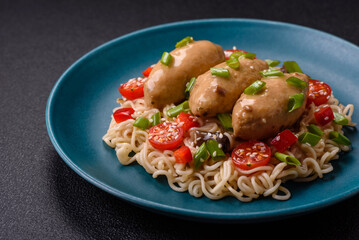 Fish or meat quenelles with vegetables, salt and spices in mushroom sauce