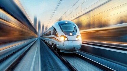 Fototapeta premium A sleek high-speed train speeding along a modern rail track, with a blurred background showcasing its rapid movement and aerodynamic design.