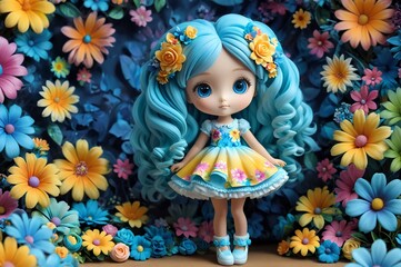 Cute little 3D doll in children's cartoon style, animated fantasy. Artistic background. Art illustration. Book illustration. Cartoon stylized illustrated art.