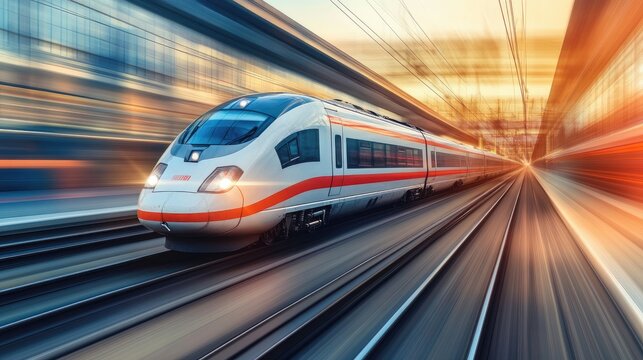 A sleek high-speed train speeding along a modern rail track, with a blurred background showcasing its rapid movement and aerodynamic design.