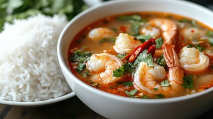 A steaming bowl of hot and sour shrimp soup with vibrant red chilies, fresh cilantro, and juicy shrimp, served with a side of jasmine rice.