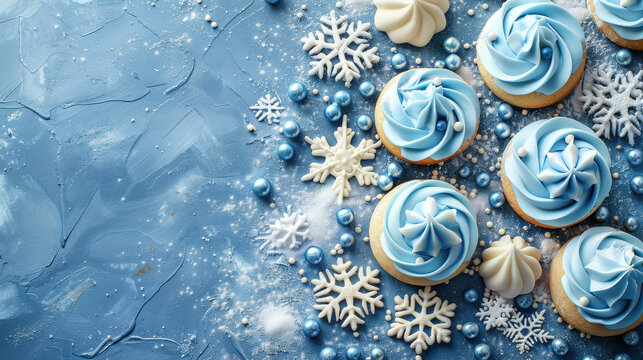Beautifully decorated winter-themed cupcakes with blue frosting, snowflakes, and pearls on a textured blue background, evoking a festive, snowy atmosphere.
