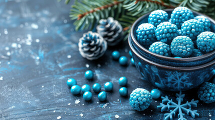 Beautifully decorated winter-themed cupcakes with blue frosting, snowflakes, and pearls on a textured blue background, evoking a festive, snowy atmosphere.
