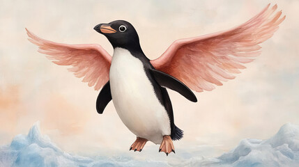 Fototapeta premium A whimsical penguin with pink flamingo wings soars joyfully against soft pastel background, embodying playful spirit.