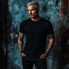 A mockup of a man in a black T-shirt in gothic look