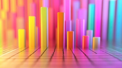 Obraz premium A vibrant 3D bar graph with multicolored bars rising from a grid, symbolizing financial growth and business success.