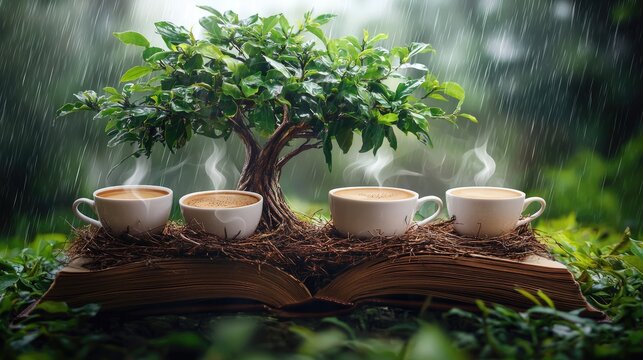 The green tree in a shape of a book with a nest with eggs, but instead of eggs there are white 5 cups with coffee inside. It&acirc;&euro;&trade;s raining and sunny wether on this image.