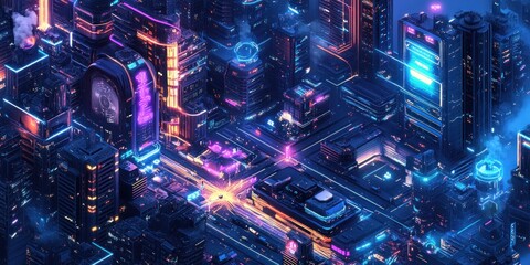 Obraz premium Futuristic Cityscape with Neon Lights and Smoke