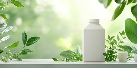 3D blank milk carton, natural theme, white package, surrounded by fresh green leaves, soft sunlight, ecofriendly packaging concept