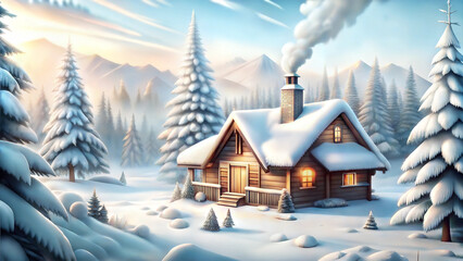 Fototapeta premium Illustration of Christmas bells hanging from a rustic wooden door, with a wreath and snow-dusted pine cones, warm holiday welcome, copy space