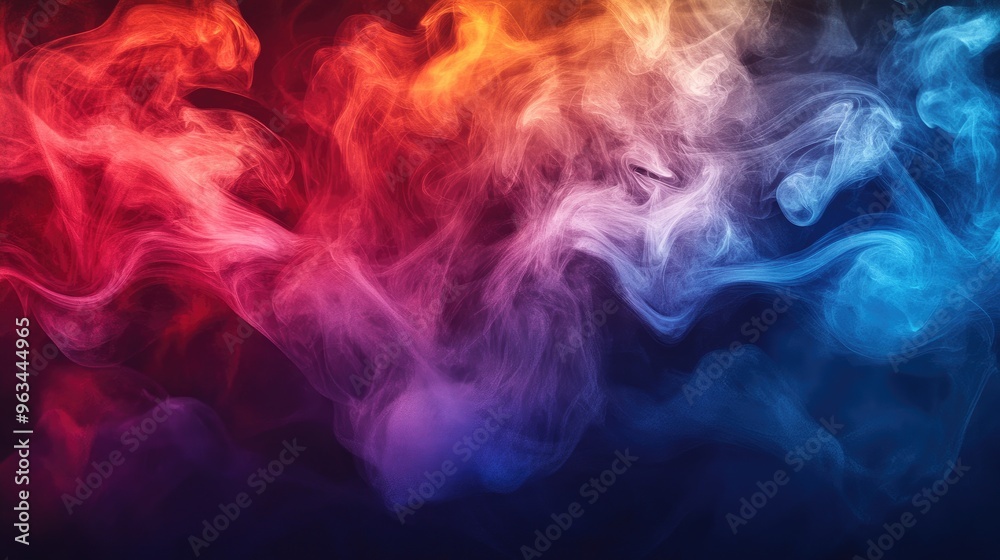 Poster abstract image of colorful smoke patterns forming in the air, with bold reds, blues, and purples cre