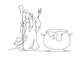 Continuous single line sketch drawing of wizard witch holding magical wand broom and potion cauldron halloween spooky concept one line vector illustration	