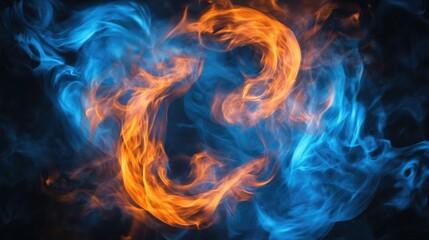 Fototapeta premium Abstract image of swirling blue and orange flames, with a focus on the movement and texture of the fire against a dark backdrop