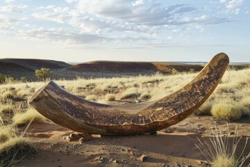 Fototapeta premium Large piece of petrified wood is sitting in the desert with red hills in the background