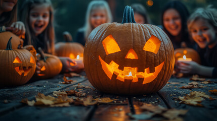 Halloween pumpkin carving family