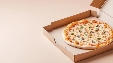 Floating pizza box mock-up, rotating perspective, blank cardboard texture, high detail, clean design, shadow effects, studio background, focus on material and customizable surface