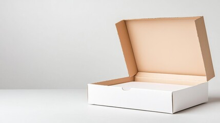 High-angle shot of a blank pizza box, partially open, realistic paper texture, subtle lighting, isolated on a white background, customizable surface, no existing design or branding