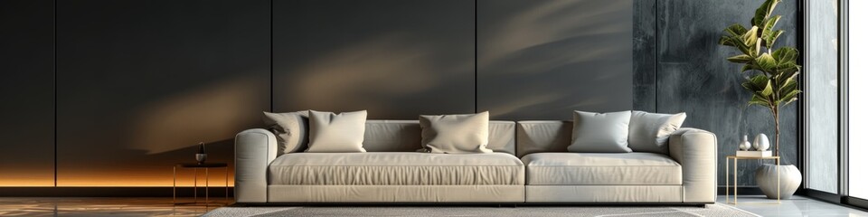 A modern banner for a furniture sale, showcasing a sleek sofa on the right side.