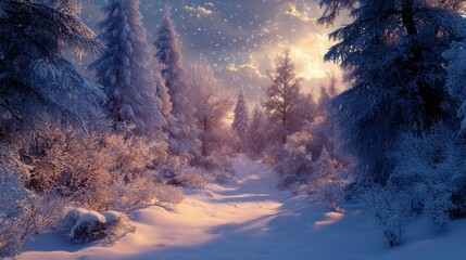 Snow-Covered Forest Path with a Glimmering Sky