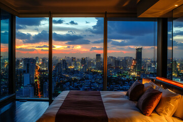 A room with a view of the city from the bed, penthouse bedroom at night