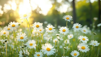 Fototapeta premium White daisies bloom in a grassy meadow, bathed in warm, golden sunlight at sunset, evoking a peaceful, serene atmosphere of nature.